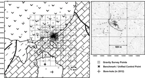 Fig. 2. Distribution of gravity survey points. See Fig. 1 for the legend of surface geology.