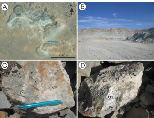 Fig. 3. Open pit mining scope and quartz veins from the Olon Ovoot gold mine. (A) and (B)
