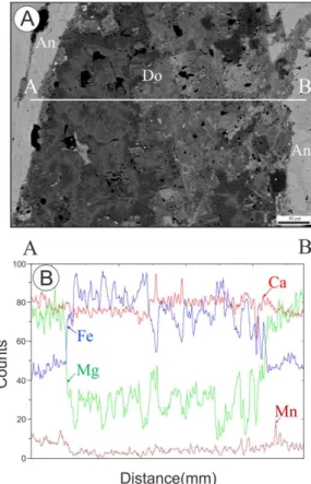 Fig. 6. BSE and line mapping of dolomite from quartz veins of the Olon Ovoot gold mine
