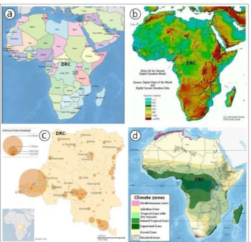 Fig. 1. Location map of DR Congo (a),  DEM image of DR Congo (b),  population distribution map of DR  Congo (c), climate zones of Africa (d).