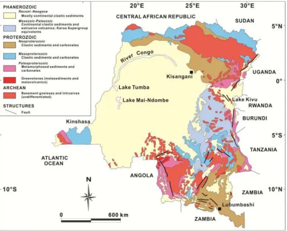 Fig. 2. Geological map of DR Congo (modified from Lofongo, 2011).