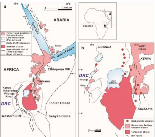 Fig. 6. East African rift system. Distribution of magmatic and tectonic  provinces (a),  distribution of carbonatite complexes (b) (Ernst and Bell, 2010).