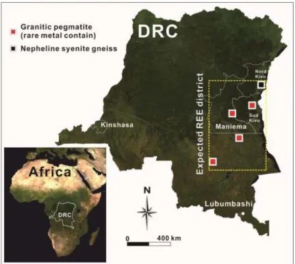 Fig. 7. Simplified satellite image showing REE potential area in the DR Congo (modified from Lofongo, 2011).