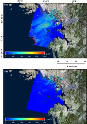 Fig. 5 는 Landsat ETM+ 영상을  활용하여  부유퇴 적물  농도의  계절  변화를  관측한  결과이다. Fig. 5a는 2012 년  1월 25일 11시  5분에 획득된 영상의 결과이며,Fig