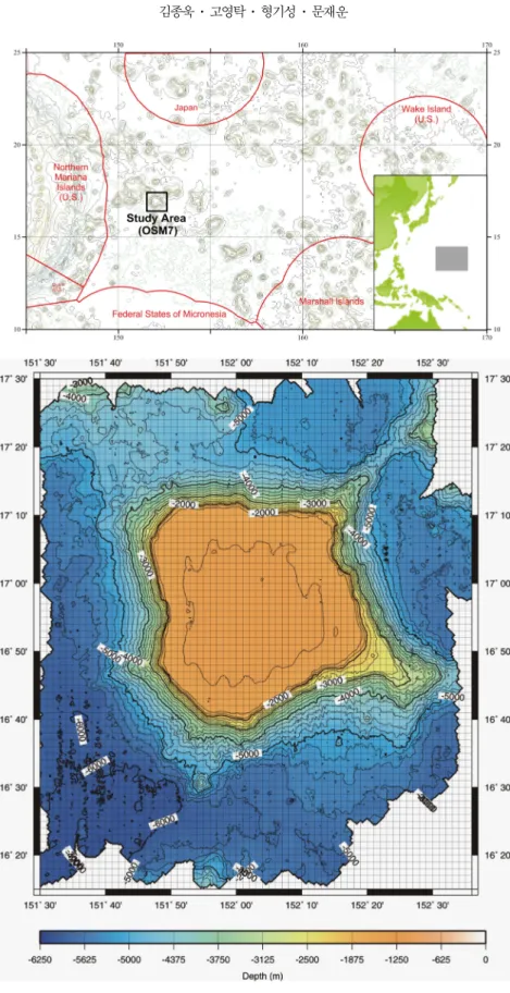 Fig. 2. Location (upper) and bathymetric map (lower) of OSM7.