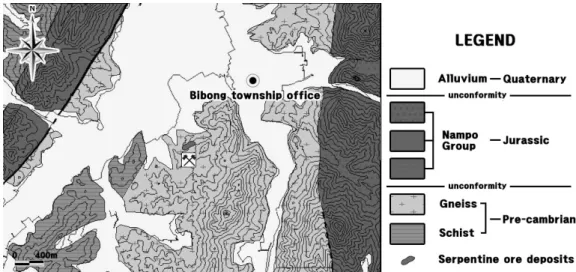 Fig. 1. Geological map of the Bibong Mine area (modified from Lee et al., 1963 and Um et al., 1963)