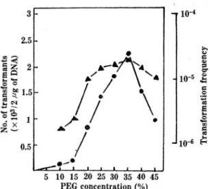 Fig. 3.  Effect of  PEG  concentration on  the transforma- transforma-tion  of  Sacch