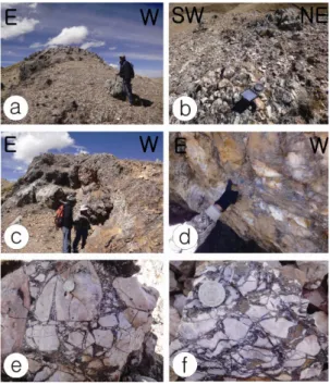 Fig. 15. Nauchapi-Chochacana Cu deposit. (a, b)  NNW trending fault valley, (c) NNW trending  Cretaceous sandstone with mineralized zone, (d)  Creataceous sandstone with Cu mineralization.