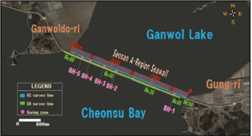Fig. 3. Survey sections and sub-divisions of electrical resistivity survey, electromagnetic survey and boreholes.
