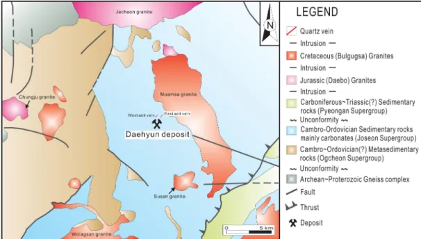 Fig. 1. Generalized geological map of the Daehyun gold-silver deposit(modified from So and Yun, 1992).