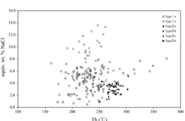 Fig. 11. Schematic homogenization temperature versus salinity diagram for fluid inclusions in vein quartz from Daehwa.