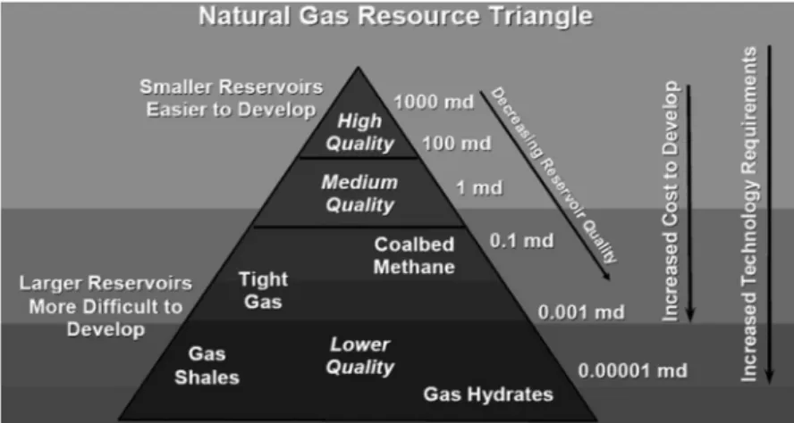 Fig. 1. Natural gas resource triangle (Holditch, 2006).