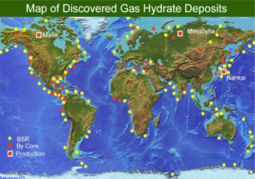 Fig. 2. Distribution of discovered gas hydrate deposits. BSR = deposit located by seismic refraction(Yuri F