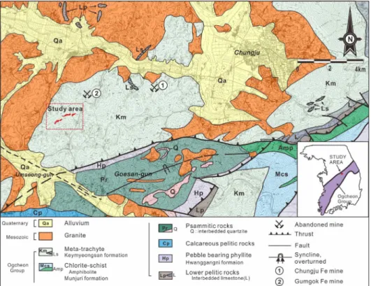 Fig. 1. Geologic map of the study area. modified after Kim and Lee (1965), Kim et al. (1995) and Koh et al
