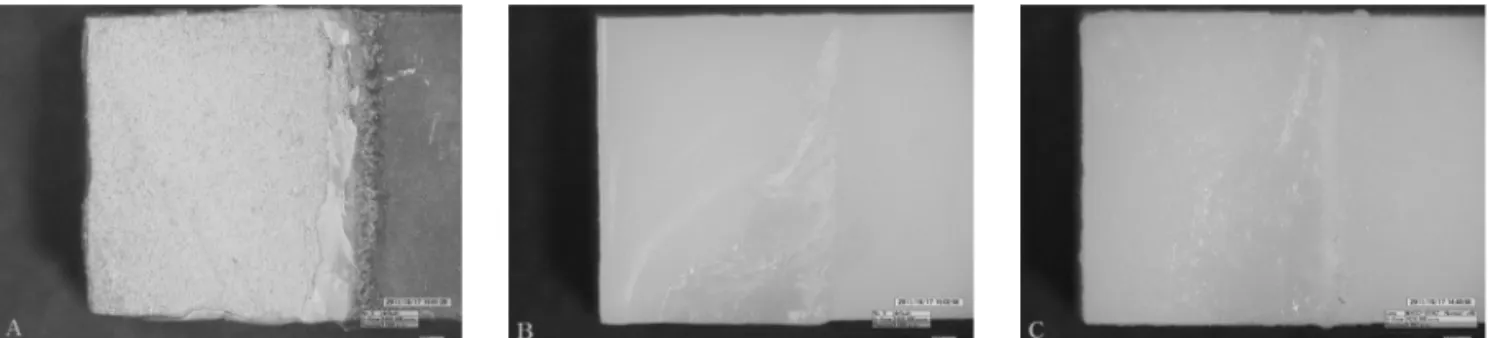 Fig. 3. Microscope images show fractured surfaces of specimens(A: MBSB군, B: ZBSB군, C: ZPSB군)sum of squaresmean squaresdfF-ratioP-value