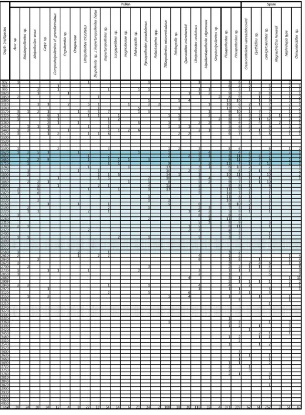 Table 2. Occurrence chart of the palynomorphs from BP-1 well