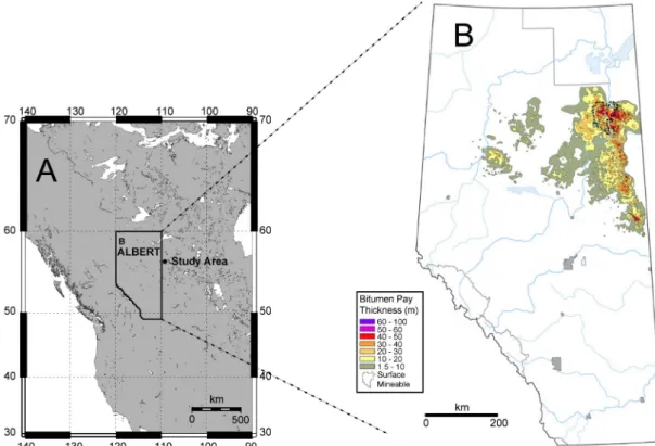 Fig. 1. A) Map of the Alberta, Canada. B) Map of Alberta's bitumen pay thickness (revised from Alberta Geological Survey/