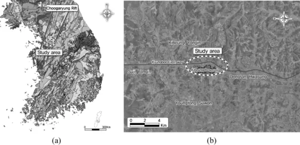 Fig. 1. Location of the study area. (a) Geologic Map (KIGAM, 2002), (b) Satellite image.