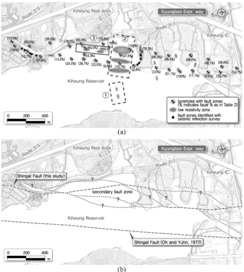 Fig. 12. Analysis of the fault zone in the reservoir area. (a) Fault zone found from drilled cores, electrical resistivity survey, and seismic reflection survey, (b) Interpretation of fault zone with the result of drilling and survey.