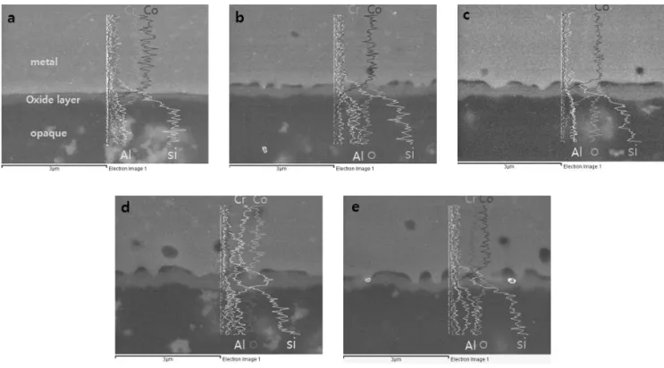 Fig. 4. EDX line profiles on cross section of specimens (a: WC1. b: WC2, c: WC3, d: WC4, e: WC5)