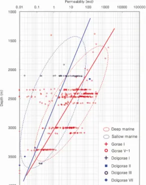 Fig. 3. Variation in permeability with depth. Note that the permeability significantly decreases at around 3,000 m in depth.