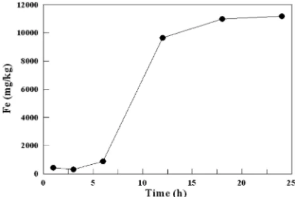 Fig. 1. Correlation between reaction time and iron concentration of iron-ipregnated granular activated carbon (Fe-GAC).