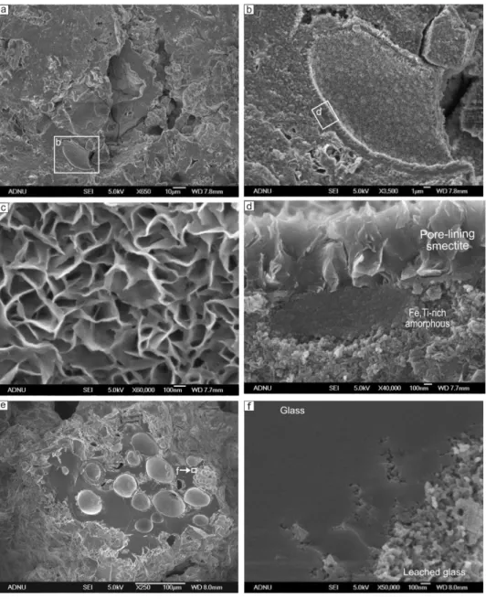 Fig. 6. SEM-SE images of altered tuff (sample Udo-A). Original sample. (a), (b), (c), and (d) Occurrence of pore-lining smectite honeycomb and (Fe,Ti)-rich amorphous silicate nanogranules