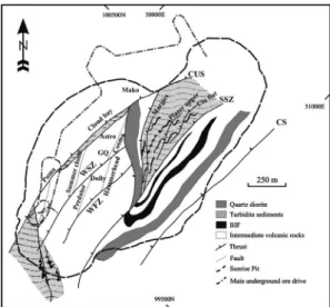 Fig. 2.  Simplified geological plan view of the Sunrise Dam open pit showing major lithologies, structures, and ore bodies (modified after Nugus and Biggam 2007)