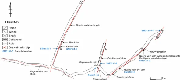 Fig. 2. Plan section of the Samsung Au-Ag deposit, showing the orientation and location of the principal quartz veins and sampling locations.
