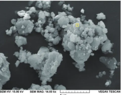 Fig. 3. SEM photographs ((a) and (b);  □  represents the point for EDS analysis) and EDS results ((c) and (d)) for steel making slag stabilization experiment.