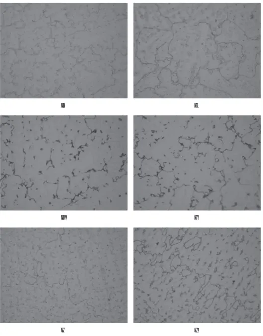 Fig. 1. Optical micrographs of control and experimental alloys (× 500); ⒜ as-casting and ⒝ as-opaque of Bellabond plus, ⒞ as-casting and ⒟ as-opaque of Wirobond C, ⒠ as-casting and ⒡ as-opaque of Alphadent.
