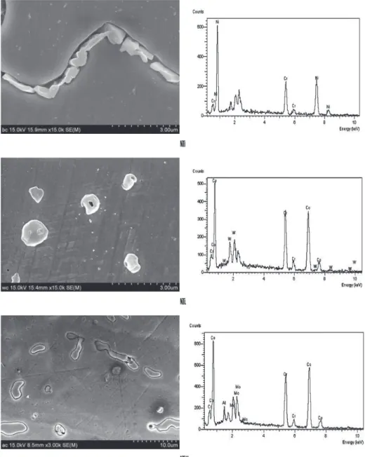 Fig. 5. SEM photomicrograph and EDS point analysis of control and experimental alloys as-casting; ⒜ Bellabond plus,