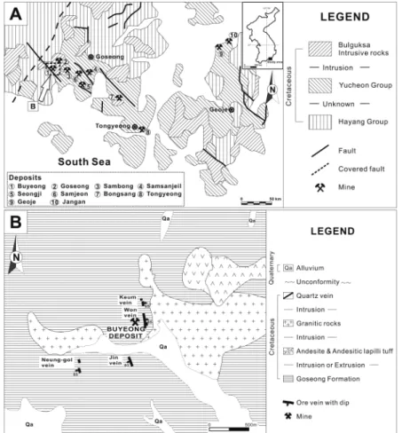 Fig. 1. Generalized geologic map of the Goseong and Geoje mineralized district. (A) Generalized geologic map of the South of Goseong and Geoje mineralized district  (modified by Park and Jwa., 2000)