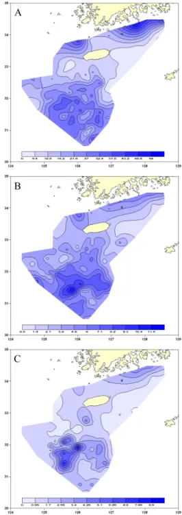 Fig. 4. Clay minerals distribution map in the study  area. (A) illite, (B) chlorite, (C) kaolinite.
