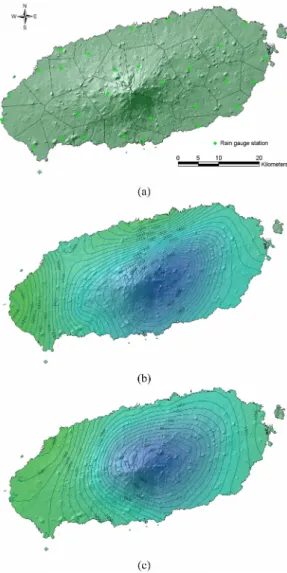 Fig. 8. Spatial rainfall distribution in Jeju island, (a) rain gage stations and Thiessen network for the areal precipitation estimation, (b) annual rainfall distribution in 1995, and (c) in 2000.