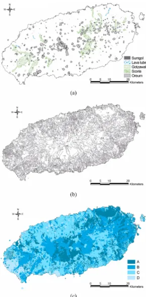 Fig. 1. Soil classification for the application of SCS method, (a) permeable geologic structures, (b) soil series, and (c) hydrologic soil group.