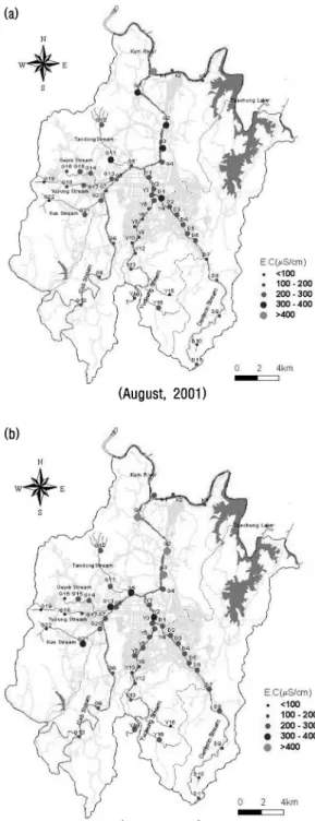 Fig. 5. Map showing the variation of electrical conductance along major streams in the Daejeon area