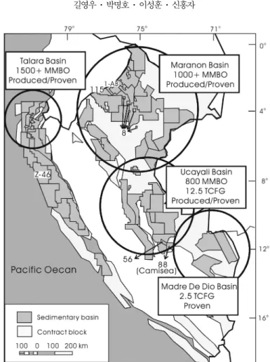 Fig. 4. Hydrocarbon potential sedimentary basin and major contract oil and gas blocks in Peru.