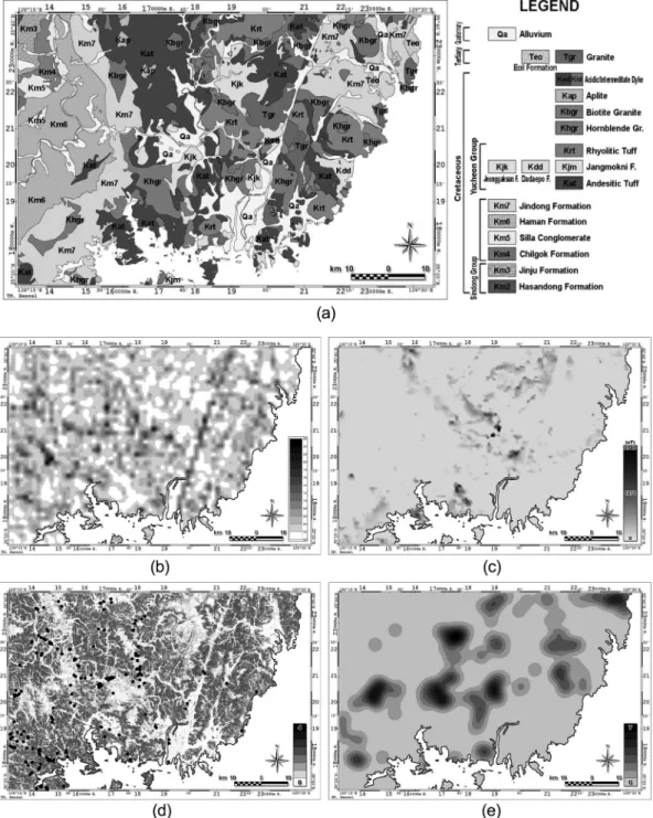 Fig. 2.   Thematic maps for fuzzy logic based data integration. (a) geological map, (b) density of lineaments, (c) aerial magnetic intensity, (d) hydrothermal alteration zone from Landsat TM, and (e) density of epithermal ore deposits.