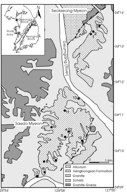 Fig. 1.  A simplified geologic map of the Buyeo Basin in which sampling sites are marked with solid circles (modified from Kim  et al ., 1994)