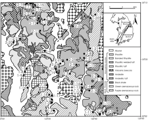 Fig. 2.  A simplified geologic map of the Hampyeong Basin in which sampling sites are marked with solid circles (modified from Hwang  et al ., 2002)
