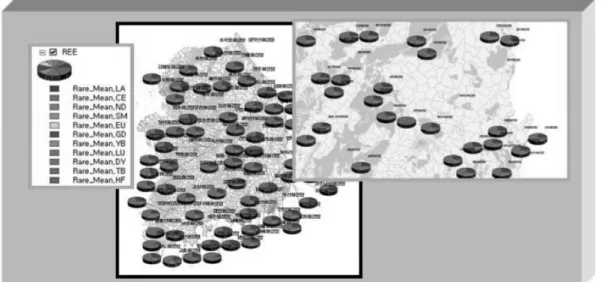 Fig. 10.  The distribution map of rare earth elements for granites using pie charts.