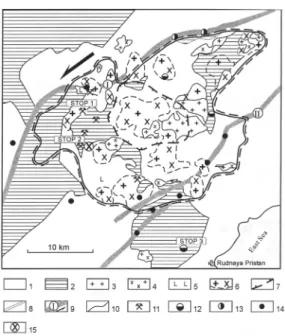 Fig. 3.  Deep geological structure and localization of ore mineralization in the central Dalnegorsk ore district(after Yushmanov, 1986).