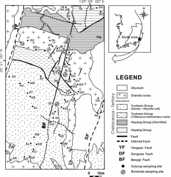 Fig. 1.  Geological map of the study area with sampling sites (modified from Son  et al ., 2003).