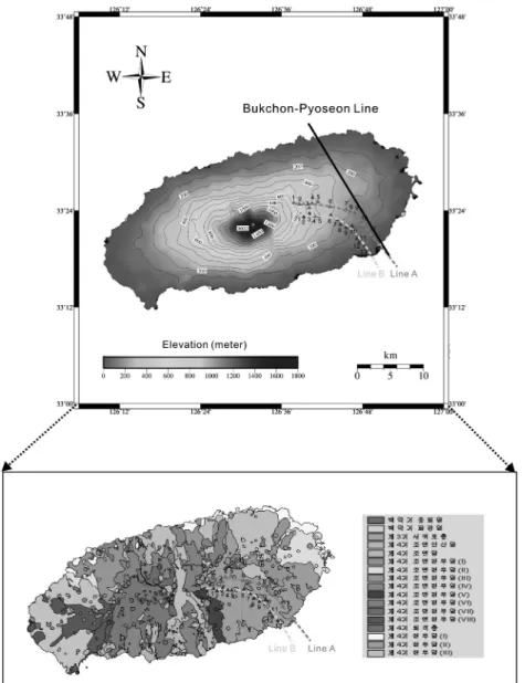 Fig. 1.  The map showing the elevation (upper panel) and regional geology (lower panel) of Jeju Island