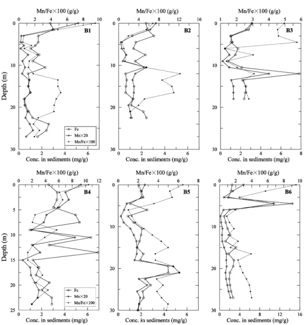 Fig. 5.  Depth profiles of 0.5M HCl-extractable Fe, Mn in the sediments.