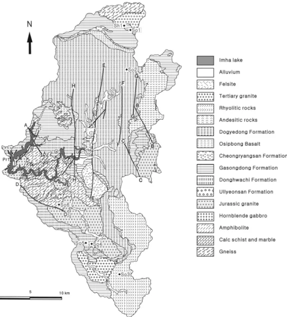 Fig. 2.  Geological map in drainage field of the Imha dam, showing locations sampling soils and a parent rock