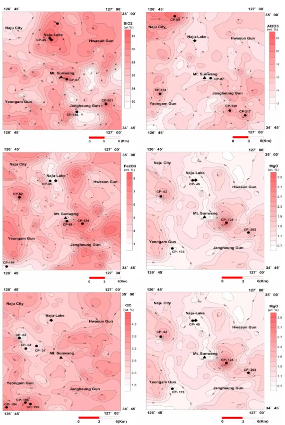 Fig. 3.  Contour diagram for major elements in the Cheongpung area.