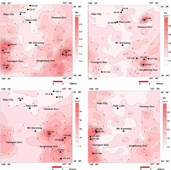 Fig. 6.  Contour diagram for trace and rare earth elements of stream sediments in the Cheongpung area.