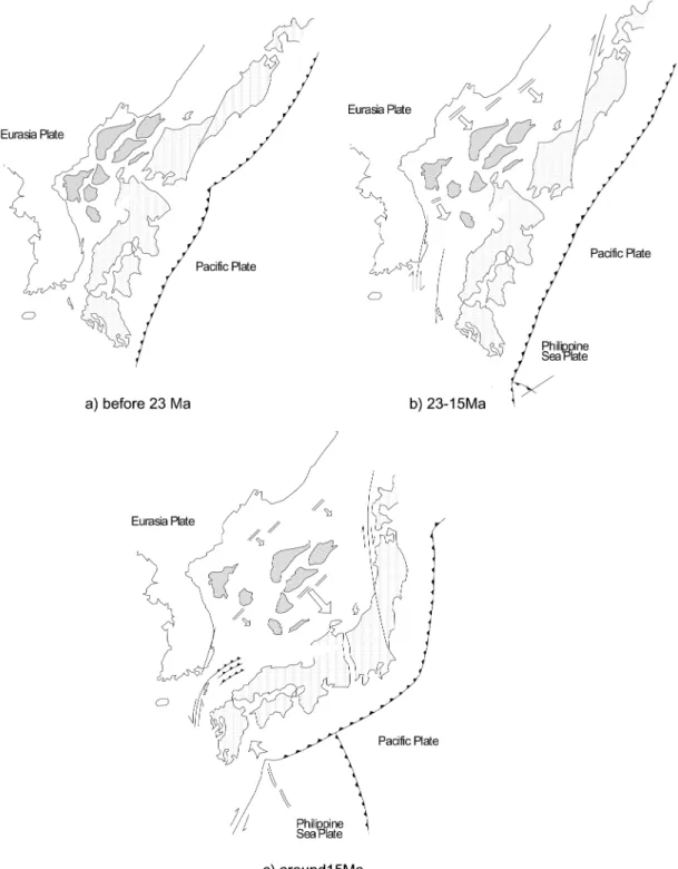 Fig. 8.  Two stage opening model of the East Sea (Lee  et al ., 1999a). left, pre-opening stage (23 Ma); middle, parallel spreading stage (23-15 Ma); right, rotation stage (<15 Ma).